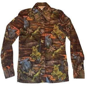 Vintage 70s HUTSPAH Disco Antron Nylon Button Up Shirt Moose Print Size S RARE
